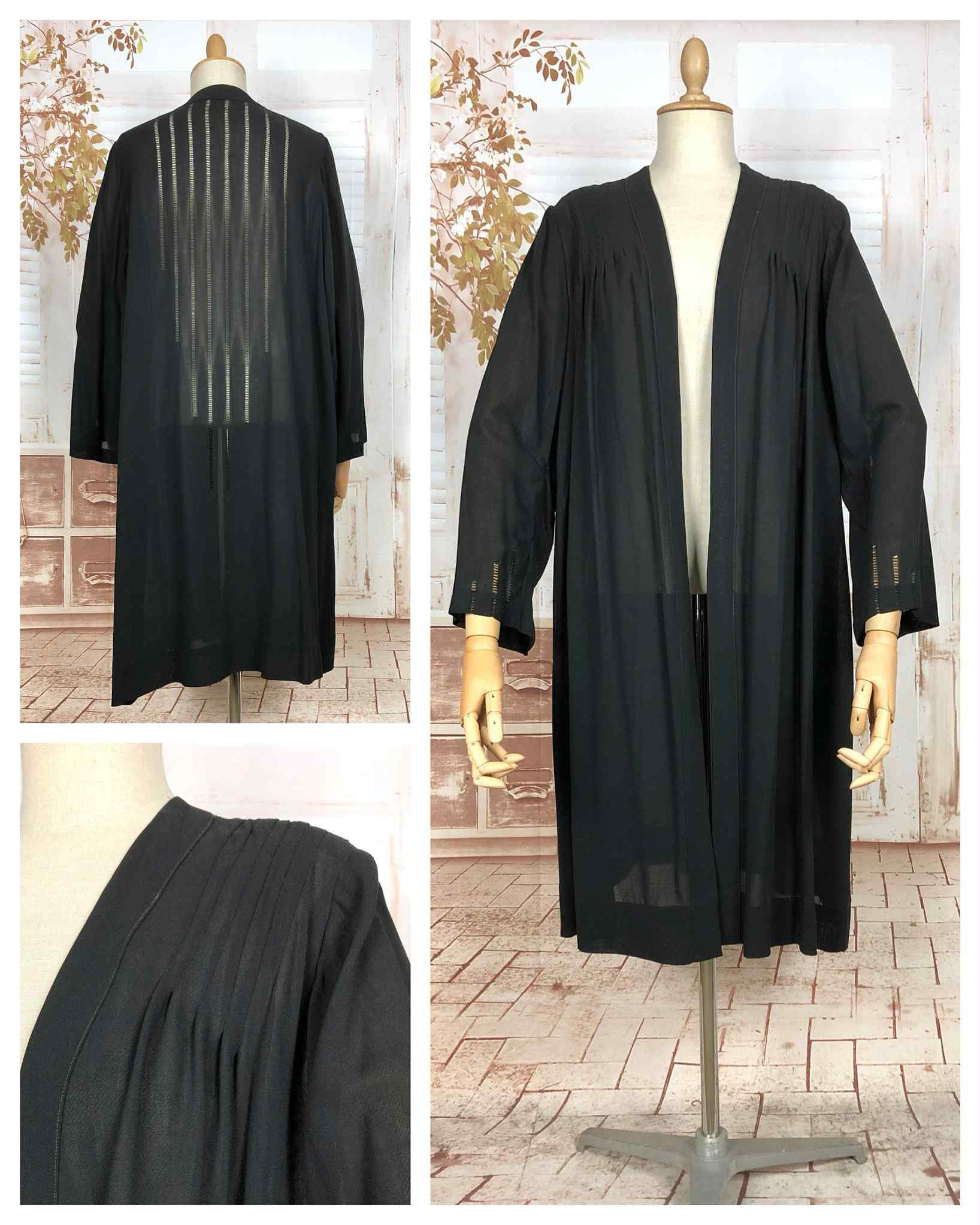 1930s Lightweight Black Crepe Coat with Pintuck and Open Work Detailing