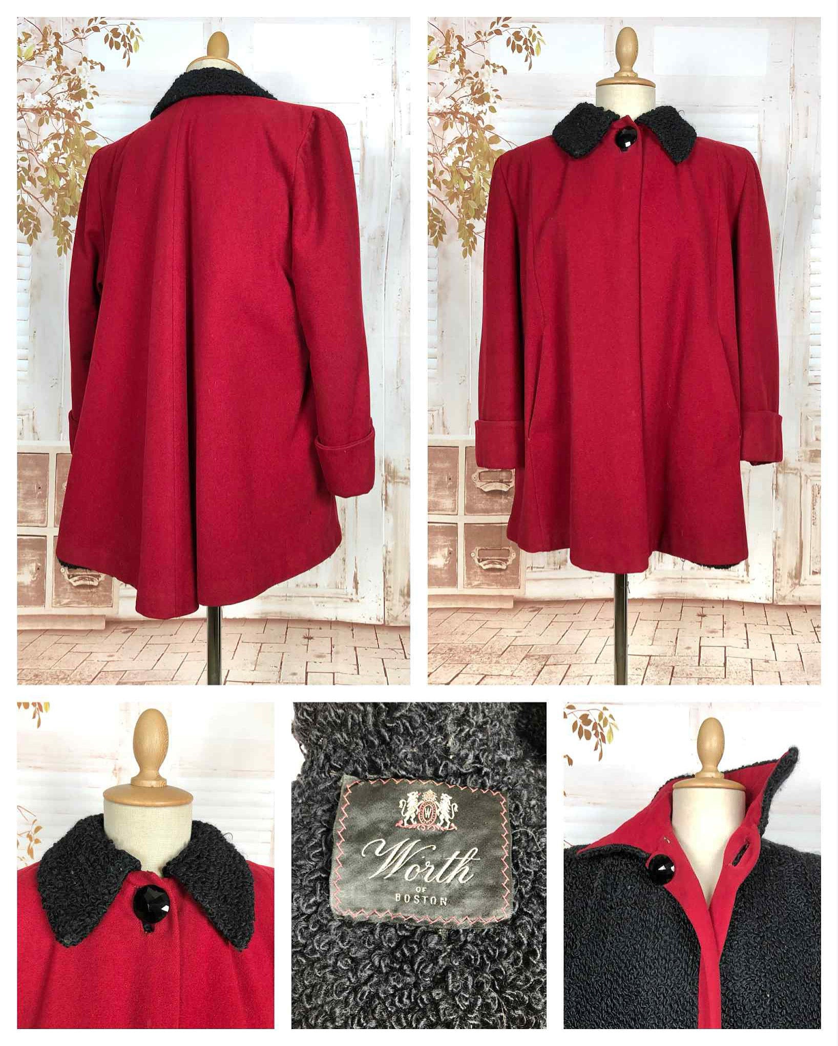 1940s Red Wool Swing Coat by Worth of Boston with Astrakhan Lining