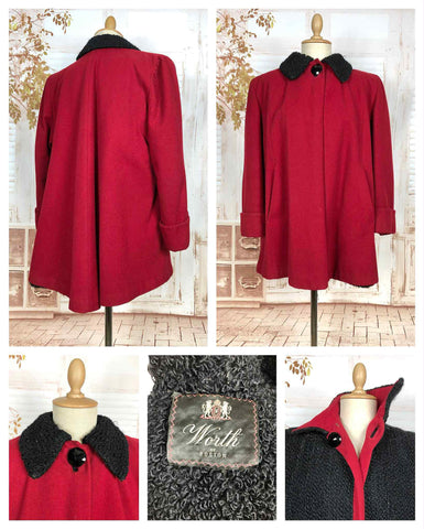 1940s Red Wool Swing Coat by Worth of Boston with Astrakhan Lining