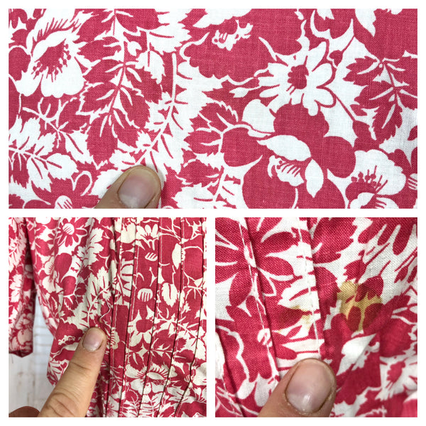 Wonderful Original 1940s Vintage Red And White Floral Print Zip Front Dress