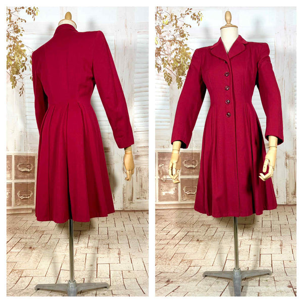1940s Red Wool Princess Coat – Tailored Fit with Flared Skirt Silhouette