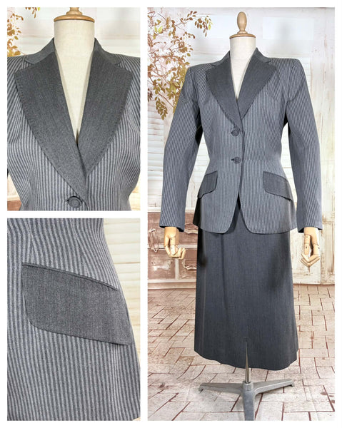 Sharply Tailored 1940s Grey Pinstripe Skirt Suit with Contrast Lapels