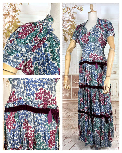 Late 1930s / Early 1940s Tiered Floral Day Dress with Velvet Trim