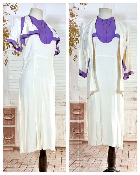 Rare White And Purple Colour Block 1930s Dress And Jacket Set