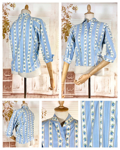 1950s Blue Floral Stripe Cotton Jacket Blouse