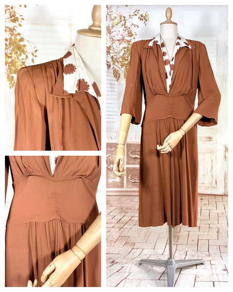 1940s Tan Crepe Day Dress With Printed Shirt Insert