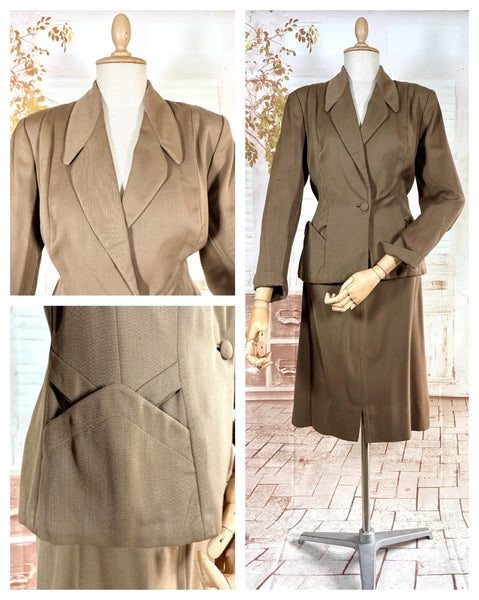 1940s Brown Gabardine Skirt Suit With Pocket Details