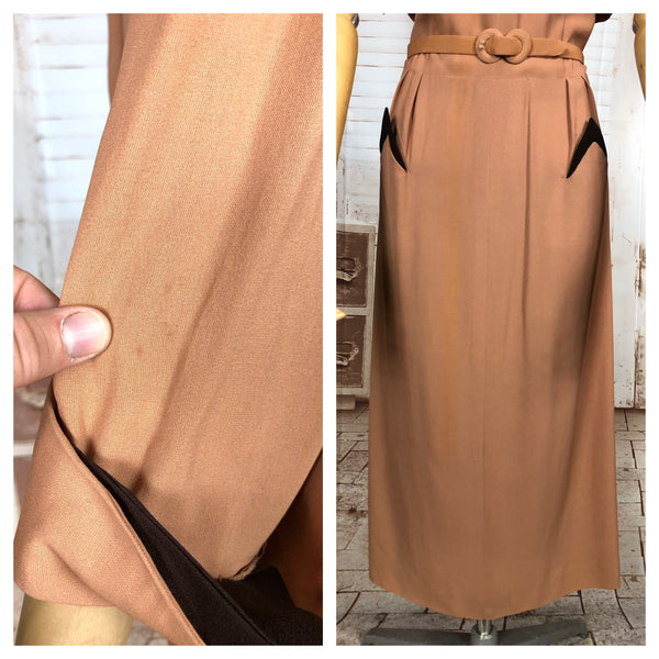 Incredible Original 1940s Volup Dress Suit In Tan With Chocolate Brown Accents