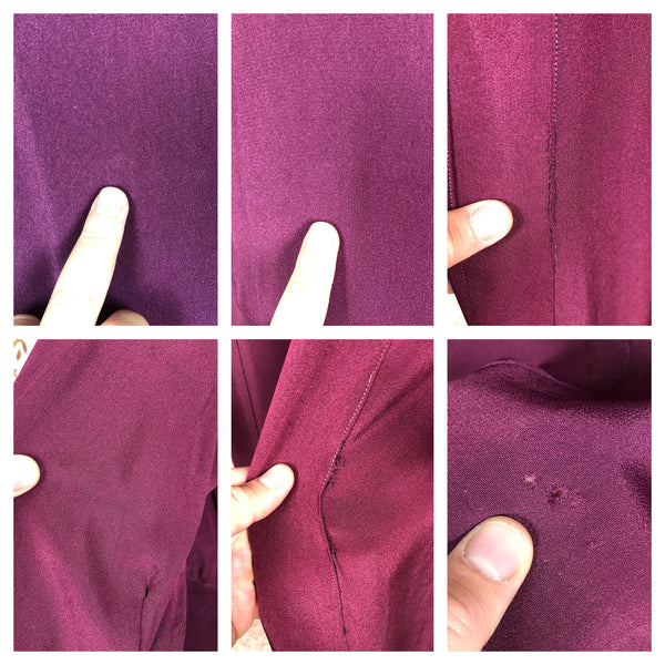 Rare Volup 1930s Burgundy Rayon Dress With Lace Accents And Bishop Sleeves