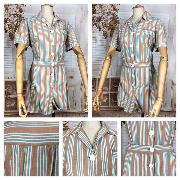 LAYAWAY PAYMENT 1 OF 2 - RESERVED FOR KHARONN - Super Rare 1940s Volup Vintage Blush Blue And White Striped Summer Play Suit Romper