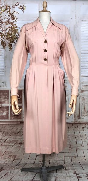 Amazing Original 1940s Vintage Pastel Punk Gabardine Day Dress With Rose Buttons