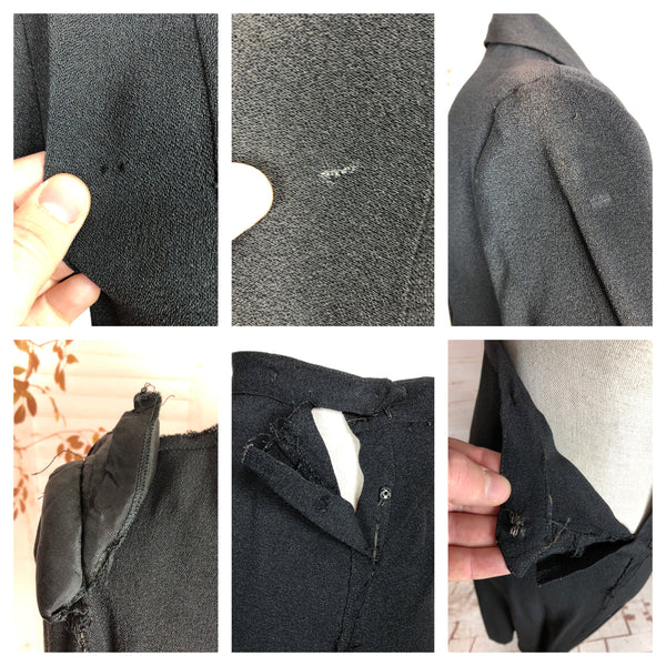 Fabulous Original 1940s Vintage Black Crepe Suit With Amazing Heart Shaped Pleated Pockets