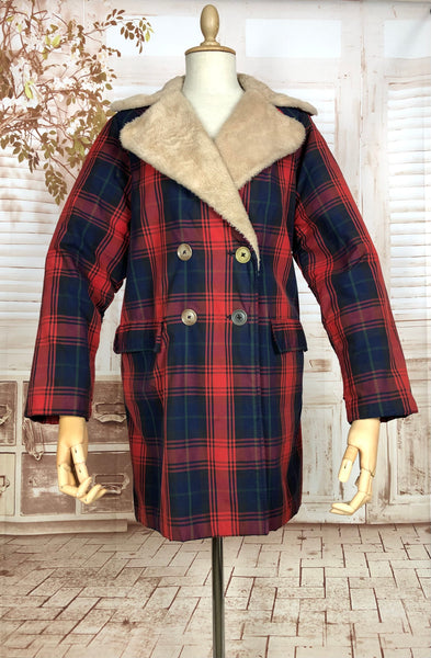 Stunning Original Late 1940s Vintage Red And Navy Blue Tartan Sportswear Coat By Thermo Jac’s Great Scot
