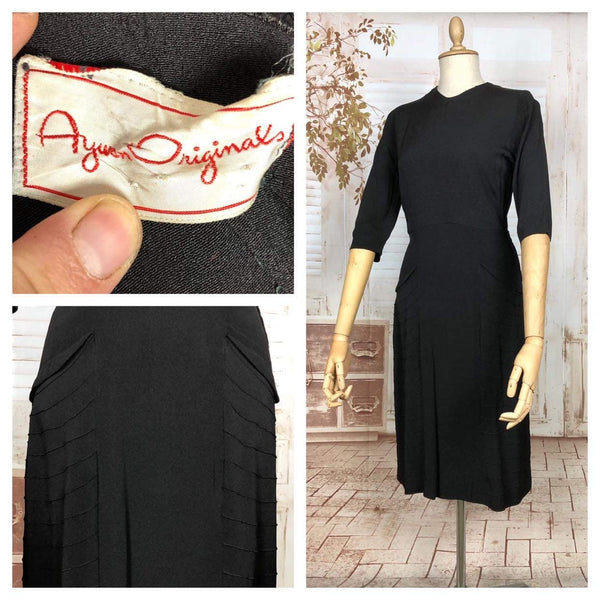 Classic Early 1940s Vintage Black Crepe Dress With Pin Tuck Details