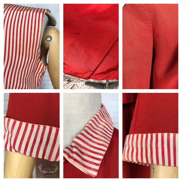 Exquisite Rare Late 1940s Vintage Red And Candy Striped Three Piece Waistcoat Suit