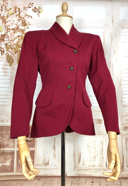 LAYAWAY PAYMENT 1 OF 4 - RESERVED FOR SARA - Stunning Original 1940s Vintage Deep Burgundy Red Asymmetrical Blazer By Donnybrook