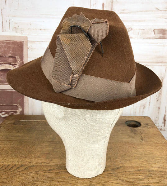 Stunning Original 1940s Vintage Brown Felt Fedora Hat