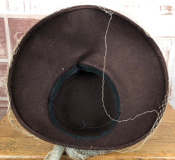 Amazing Original 1940s Vintage Wide Brim Chocolate Brown Fedora Hat With Veiling