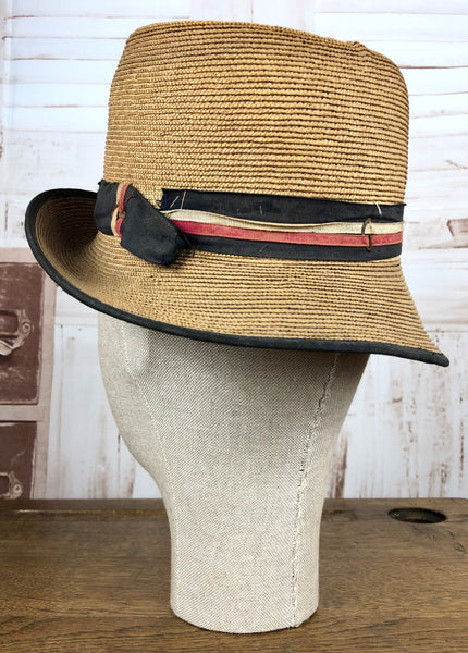 Beautiful Original 1920s Vintage Straw Cloche Hat With Multi Colour Band