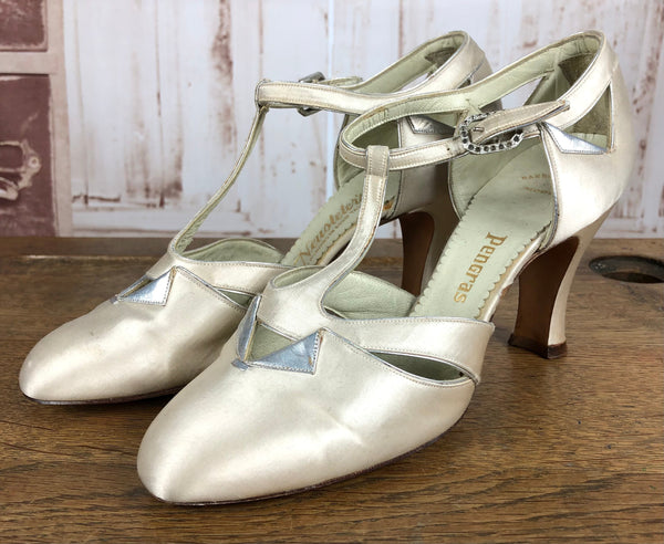 LAYAWAY PAYMENT 1 OF 4 - RESERVED FOR SAIRA - Magnificent Original Late 1920s / Early 1930s Champagne Satin Heeled Mary Jane Evening Shoes