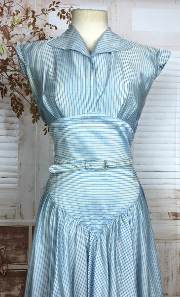 Amazing Original Late 1940s / Early 1950s Blue Striped Polished Cotton Day Dress