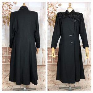 Exquisite Original 1940s Vintage Black Fit And Flare Coat With Strong Shoulders And Astrakhan Details