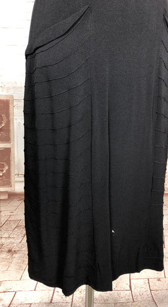 Classic Early 1940s Vintage Black Crepe Dress With Pin Tuck Details