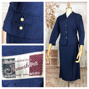 Wonderful Late 1940s / Early 1950s Original Volup Vintage Blue Silk Blend Belt Back Summer Suit