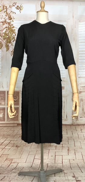 Classic Early 1940s Vintage Black Crepe Dress With Pin Tuck Details