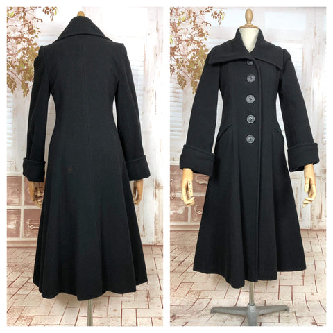 Beautiful Original 1970s Does 1940s Classic Black Princess Coat With Oversized Collar By Joseph Magnin