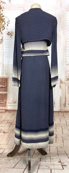 Exquisite Original 1930s Vintage Navy Blue And White Geometric Dress And Jacket Set