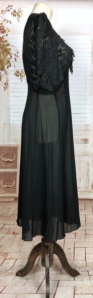Stunning Original 1930s Vintage Black Devore Puff Sleeve Dress