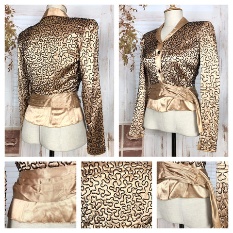 Exceptional Original 1930s Vintage Gold Satin Blouse With Soutache Embroidery