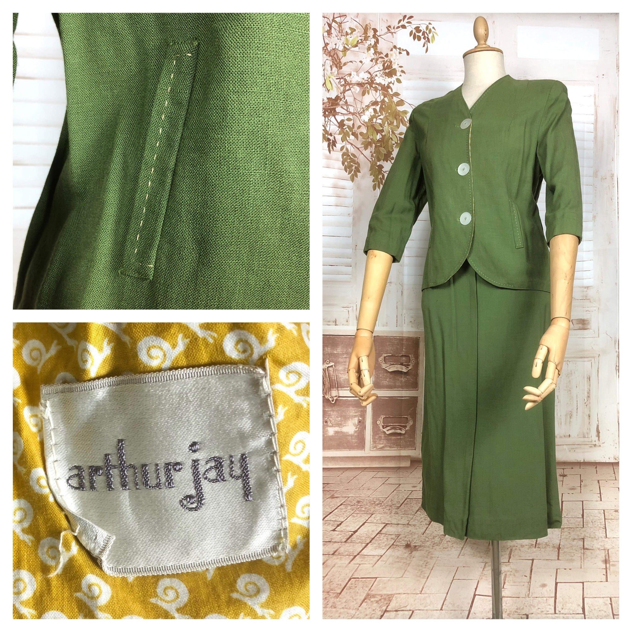 Stunning Original Late 1940s / Early 1950s Vintage Spring Green Skirt Suit By Arthur Jay