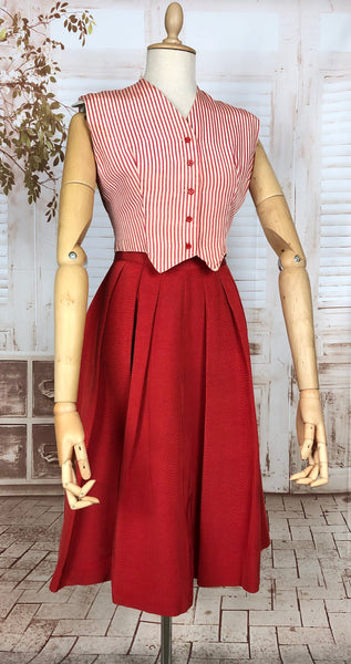 Exquisite Rare Late 1940s Vintage Red And Candy Striped Three Piece Waistcoat Suit