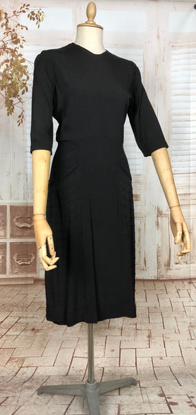 Classic Early 1940s Vintage Black Crepe Dress With Pin Tuck Details