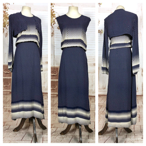 Exquisite Original 1930s Vintage Navy Blue And White Geometric Dress And Jacket Set