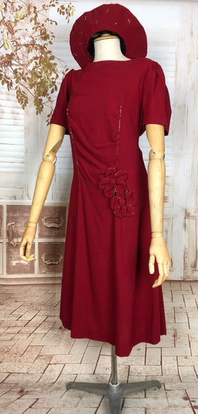 LAYAWAY PAYMENT 1 OF 3 - RESERVED FOR LINDSAY - Exquisite Original Late 1930s / Early 1940s Vintage Rich Red Beaded Crepe Dress With Matching Halo Hat