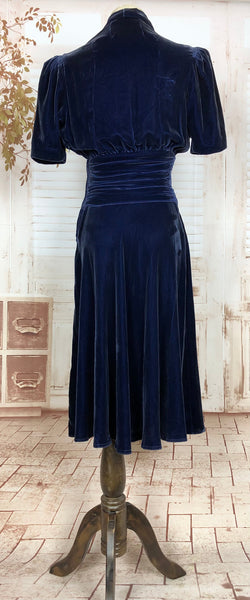 Amazing Original 1930s Vintage Navy Blue Velvet Dress