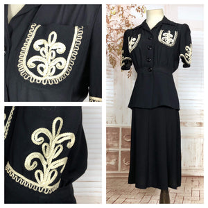 Exceptional Original 1930s Vintage Black Crepe Femme Fatale Suit With Soutache Embroidery