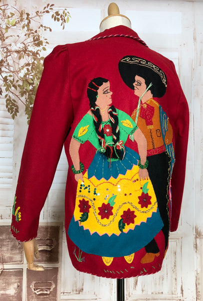 Fabulous Original 1940s Vintage Red Embroidered Mexican Tourist Jacket