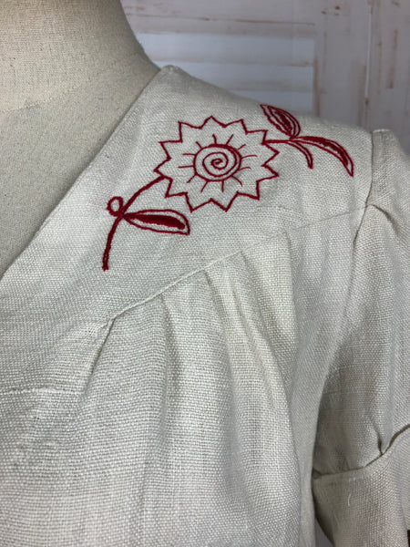 Gorgeous Original Late 1930s / Early 1940s White Linen Dress With Red Embroidery