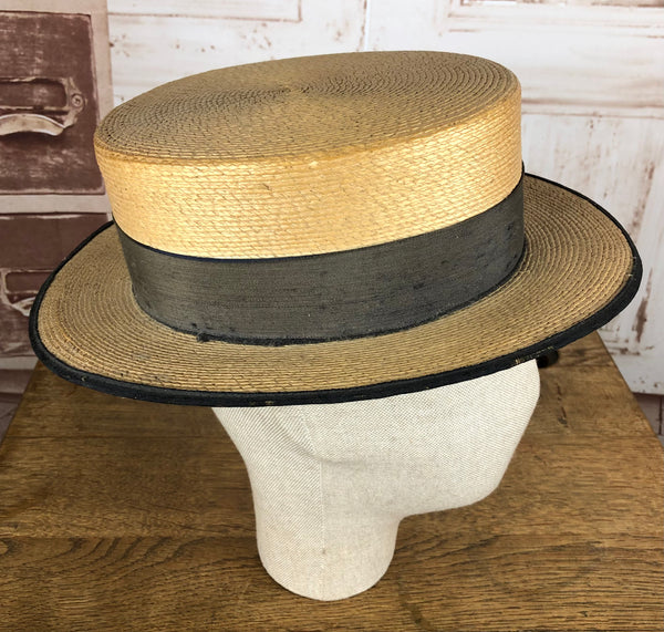 Amazing Original 1930s Vintage Black Trimmed Straw Boater Hat