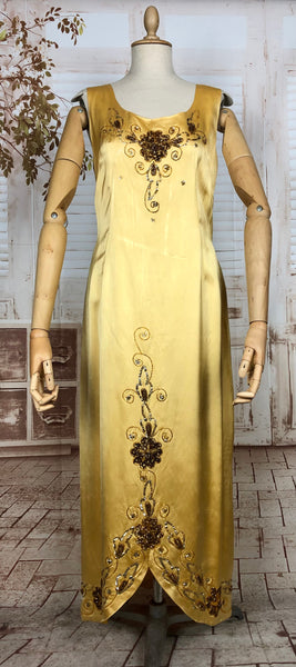 Amazing Original 1950s Vintage Yellow Gold Satin Beaded Evening Gown Dress