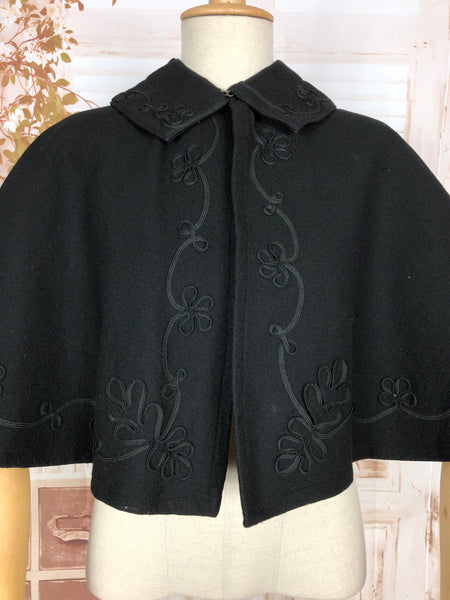 Gorgeous 1930s Original Vintage Black Cape With Soutache Embroidery