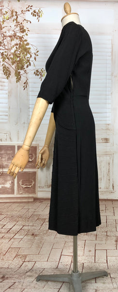 Classic Early 1940s Vintage Black Crepe Dress With Pin Tuck Details