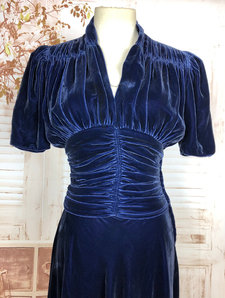 Amazing Original 1930s Vintage Navy Blue Velvet Dress Black