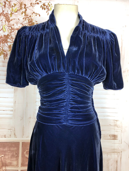 Amazing Original 1930s Vintage Navy Blue Velvet Dress