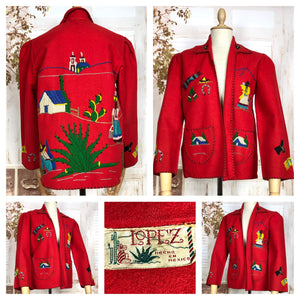 Fabulous Original 1940s Vintage Red Embroidered Mexican Tourist Jacket By Lopez