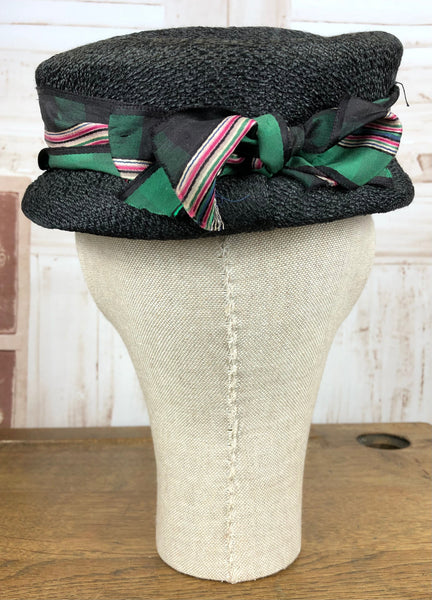 Cute Original 1950s Vintage Black Hat With Pink And Green Tartan Plaid Trim